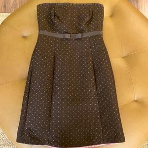 Vintage Y2K Strapless Dress Brown Pink Brocade Bow Ruffle Polka Dot 1990’s Mini